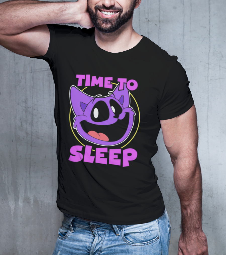 Time To Sleep Purple Cat Cartoon Face T-Shirt