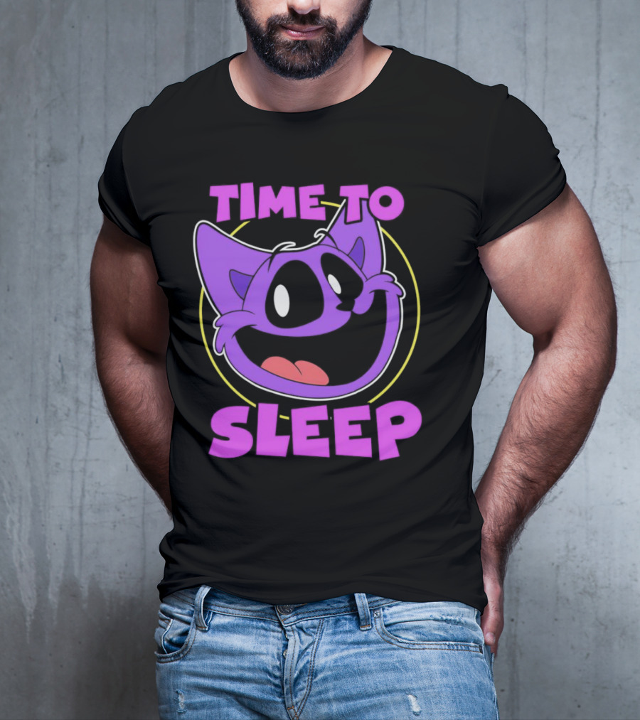 Time To Sleep Purple Cat Cartoon Face T-Shirt