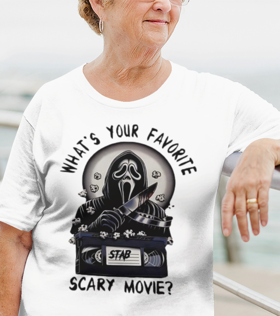 What's Your Favorite Scary Movie Ghostface Stab VHS Popcorn T-Shirt