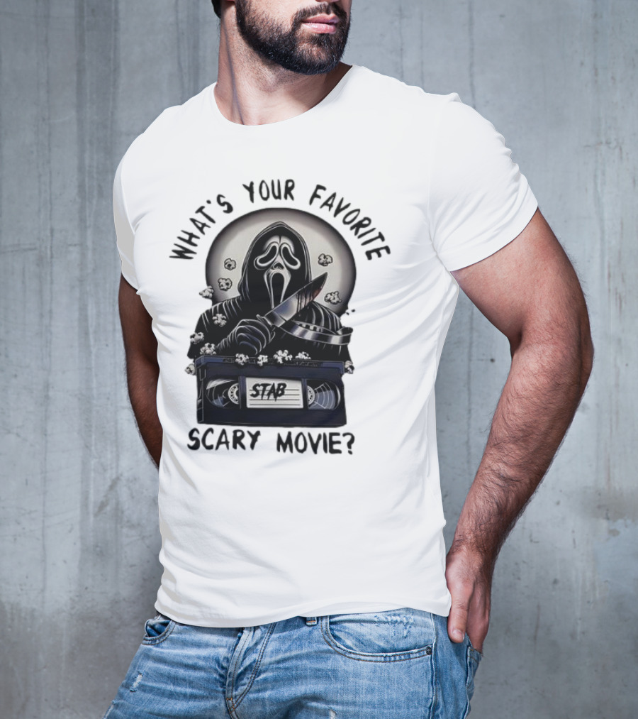What's Your Favorite Scary Movie Ghostface Stab VHS Popcorn T-Shirt