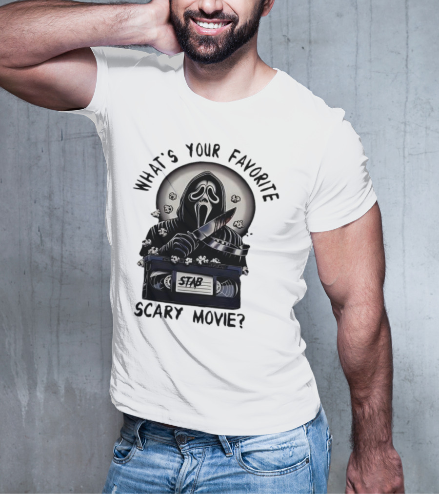 What's Your Favorite Scary Movie Ghostface Stab VHS Popcorn T-Shirt