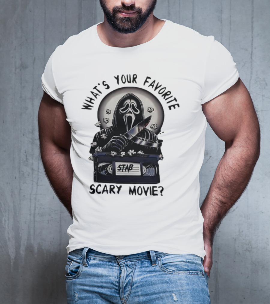 What's Your Favorite Scary Movie Ghostface Stab VHS Popcorn T-Shirt