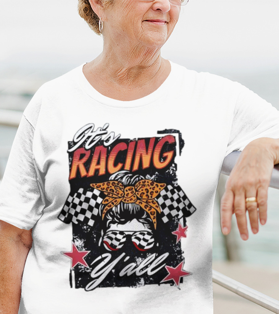 It's Racing Y'all Racing Girl Checkered Flag Leopard Print Bow T-Shirt