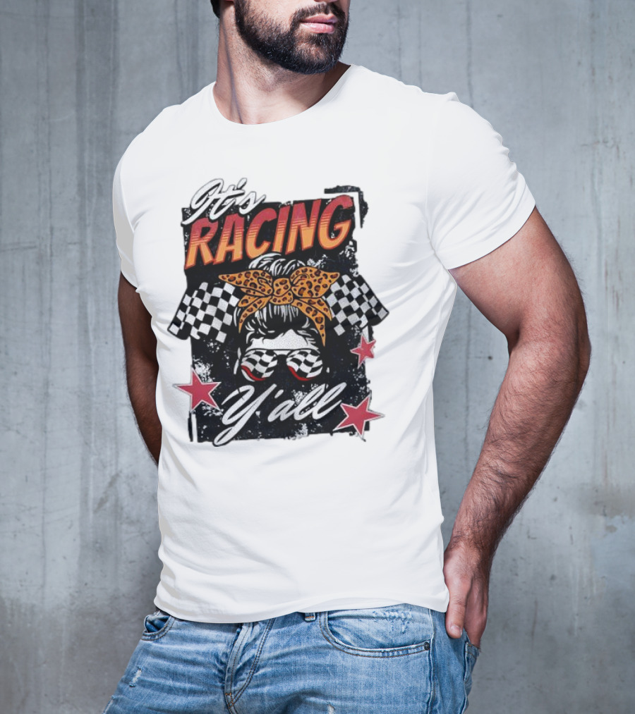 It's Racing Y'all Racing Girl Checkered Flag Leopard Print Bow T-Shirt