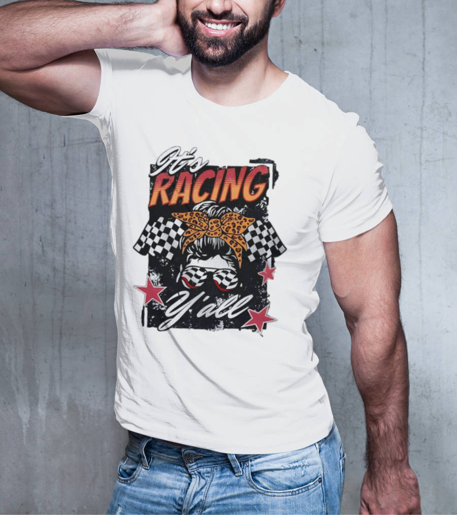 It's Racing Y'all Racing Girl Checkered Flag Leopard Print Bow T-Shirt