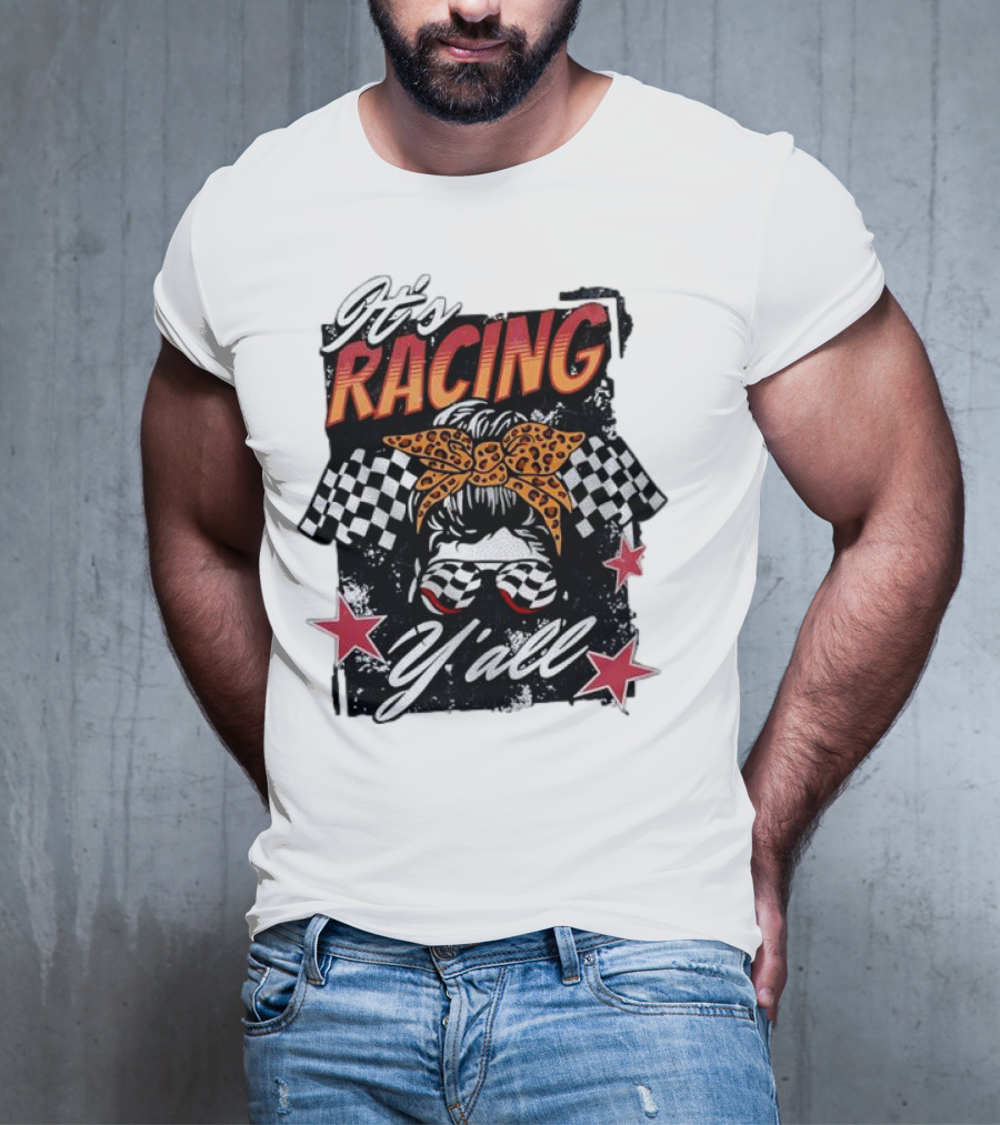 It's Racing Y'all Racing Girl Checkered Flag Leopard Print Bow T-Shirt