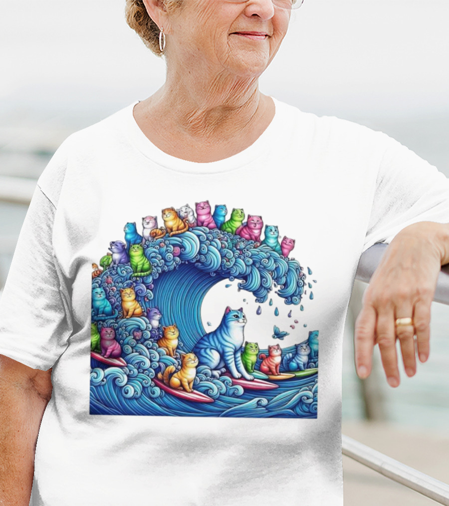 Cats Surfing In A Colorful Wave Bringing Joy T-Shirt