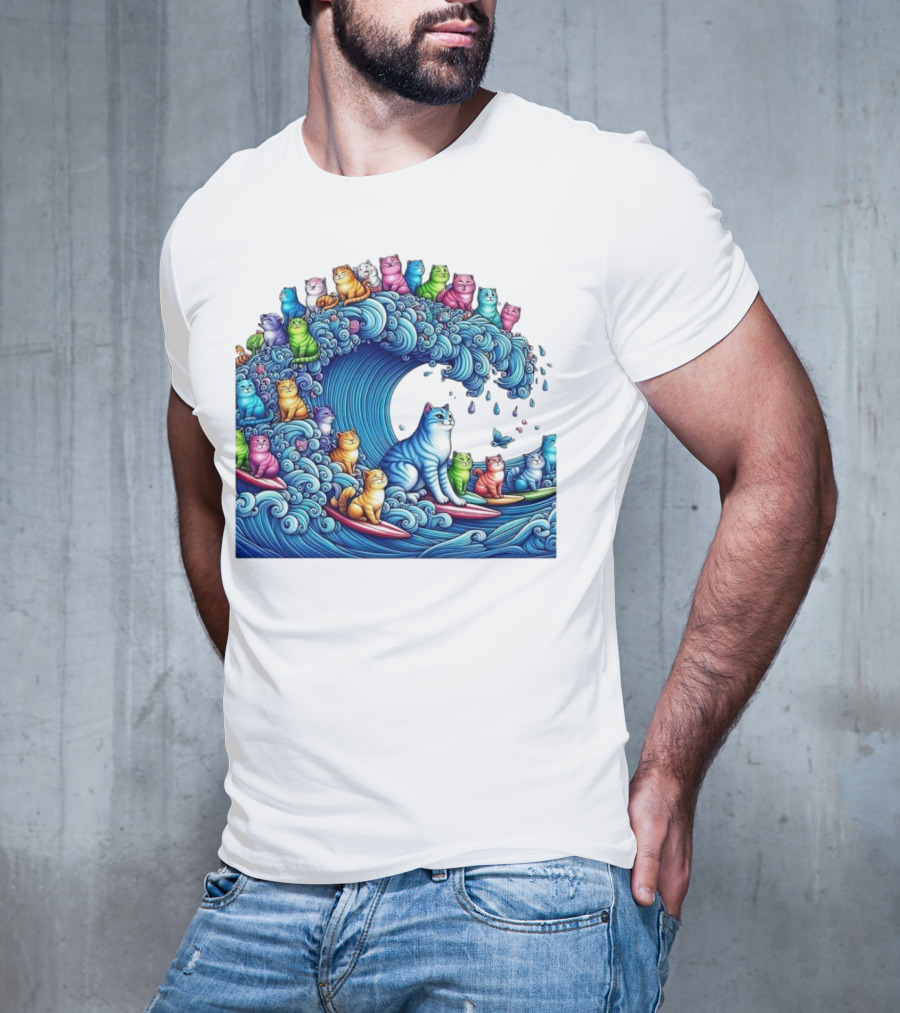 Cats Surfing In A Colorful Wave Bringing Joy T-Shirt