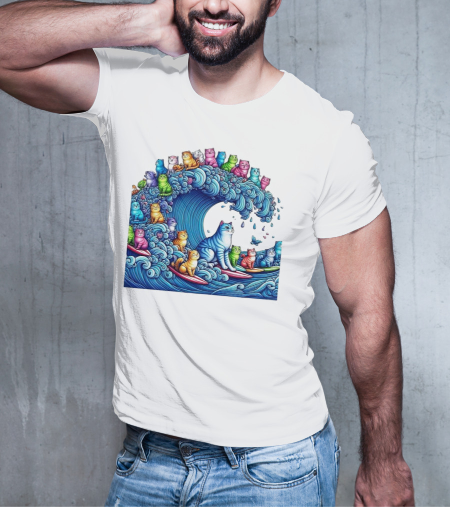 Cats Surfing In A Colorful Wave Bringing Joy T-Shirt