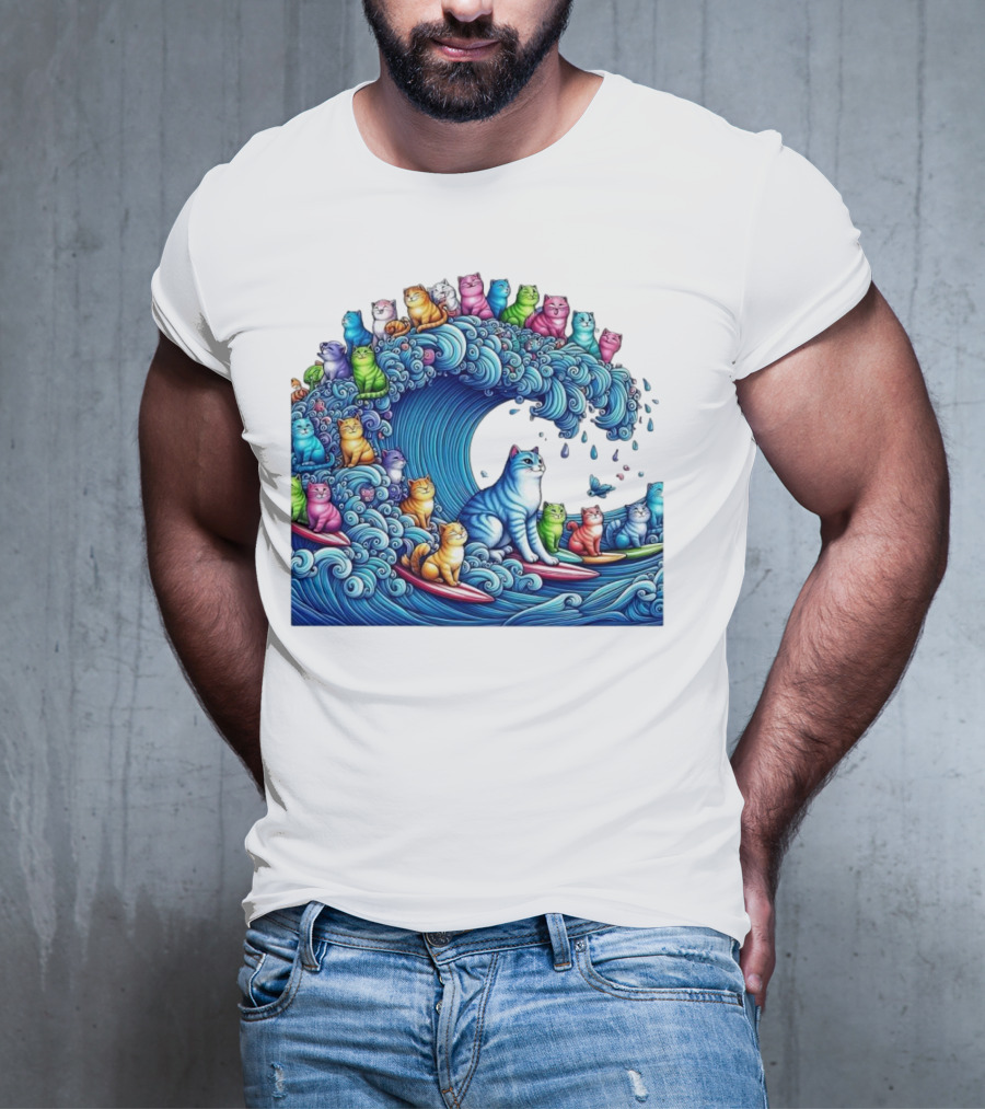 Cats Surfing In A Colorful Wave Bringing Joy T-Shirt