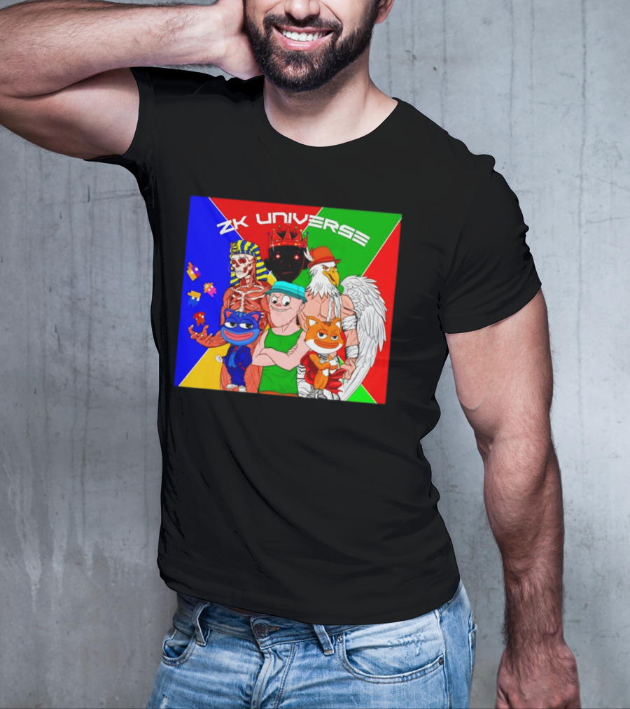 ZK Universe Colorful Characters With Pharaoh Skeleton, Crowned Figure, And Winged Eagle T-Shirt