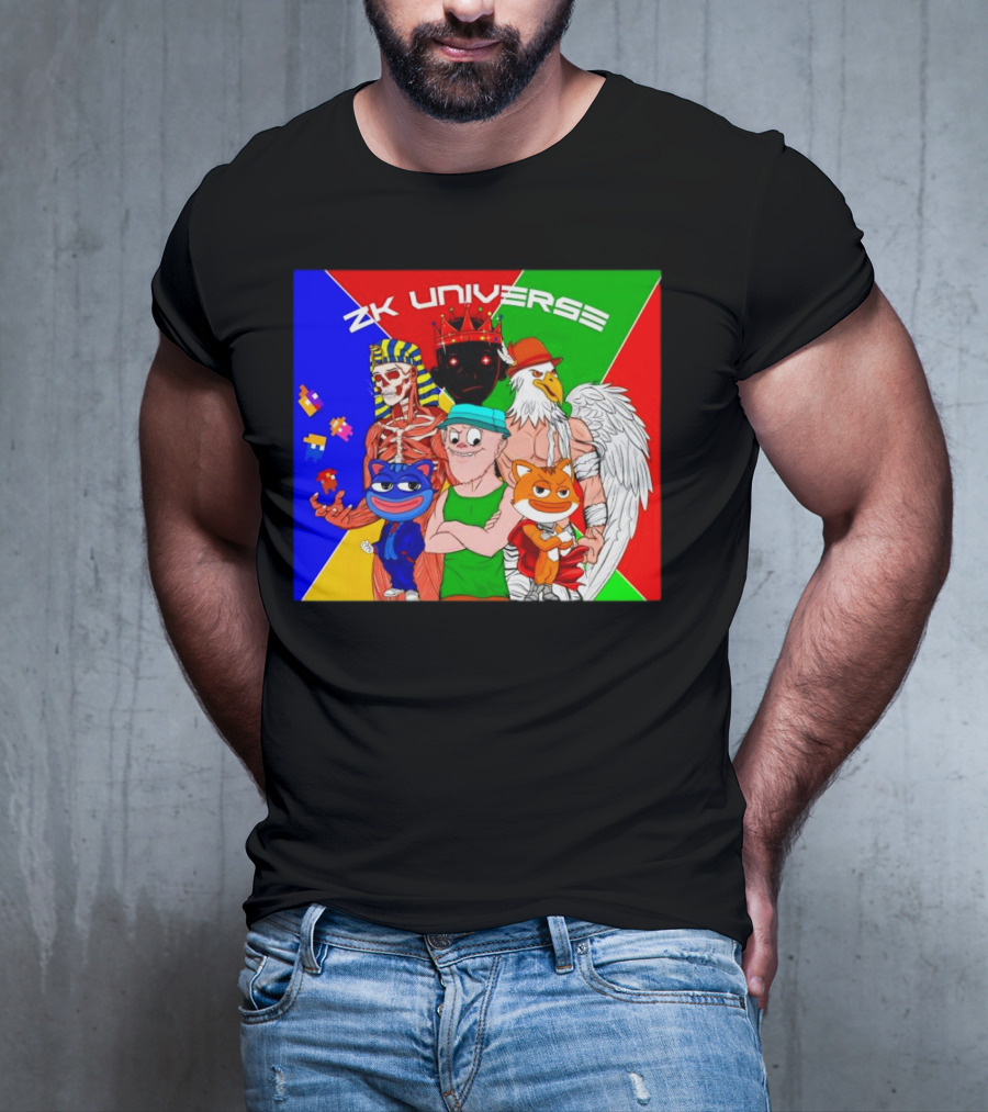 ZK Universe Colorful Characters With Pharaoh Skeleton, Crowned Figure, And Winged Eagle T-Shirt