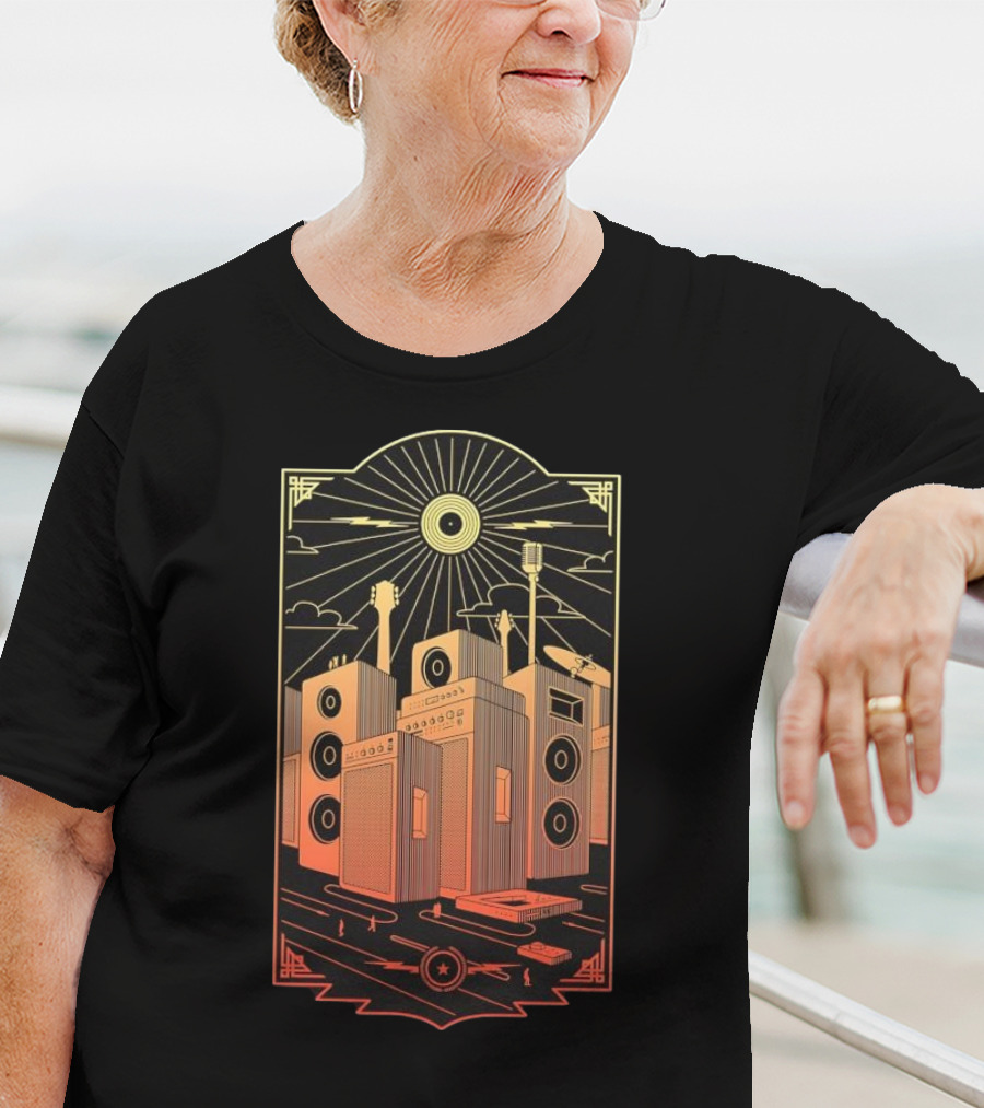 Sound City Amplifier Cityscape With Musical Instruments And Sunburst T-Shirt
