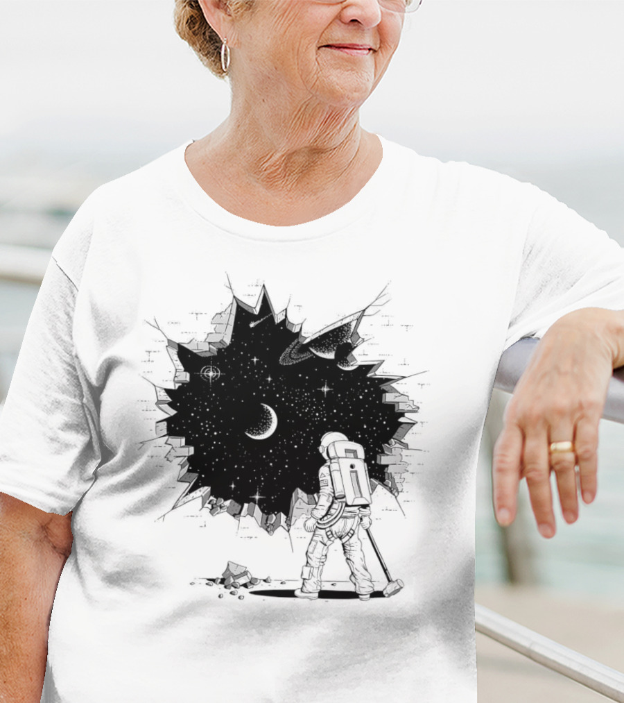 Breakthrough Astronaut Stargazing Through Cosmic Wall Hole T-Shirt