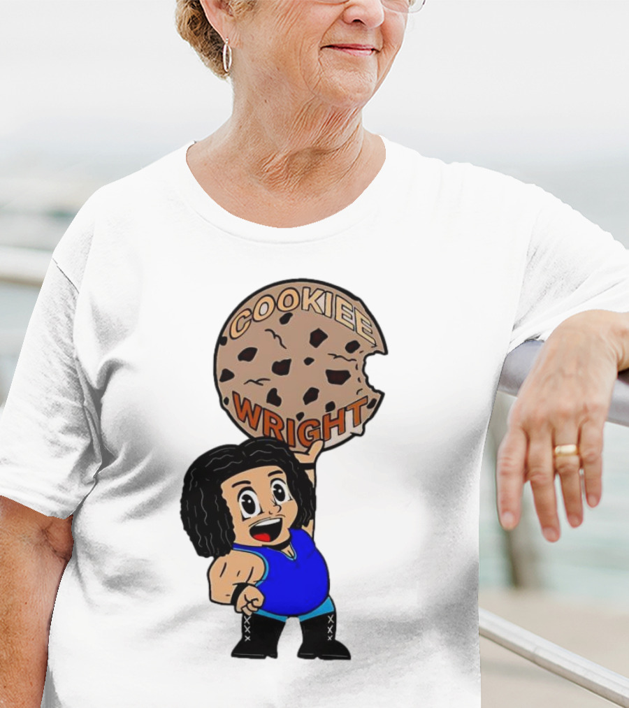 COOKIEE WRIGHT Cartoon Character Holding Chocolate Chip Cookie T-Shirt