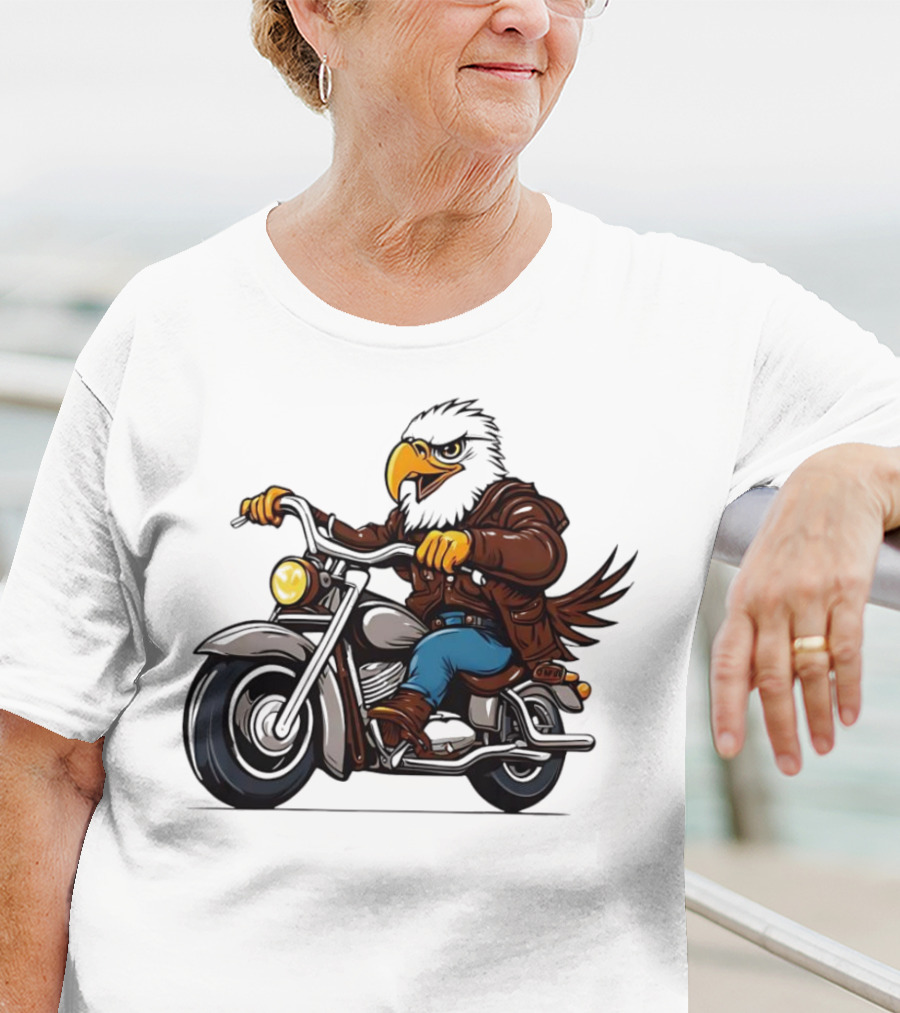 Eagle Riding Motorcycle In Brown Jacket And Blue Jeans T-Shirt
