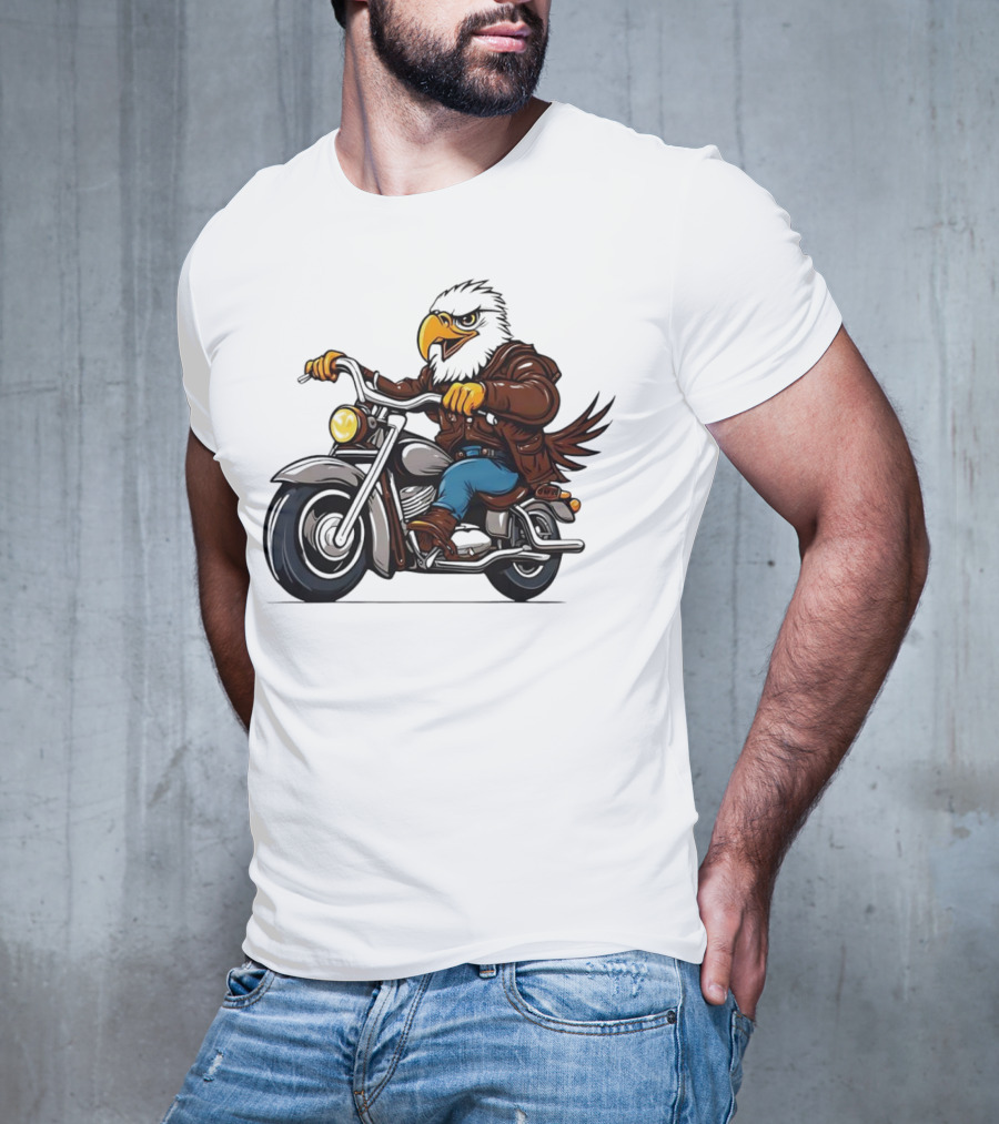 Eagle Riding Motorcycle In Brown Jacket And Blue Jeans T-Shirt