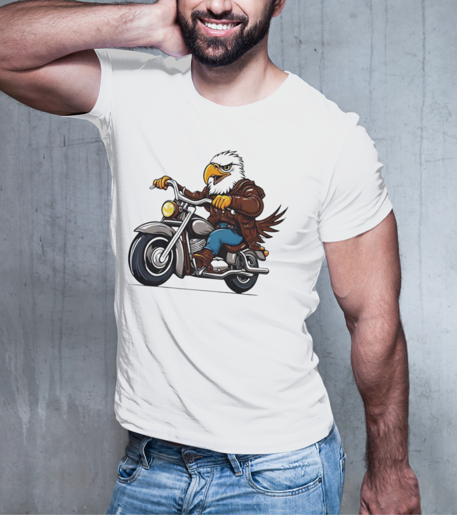 Eagle Riding Motorcycle In Brown Jacket And Blue Jeans T-Shirt