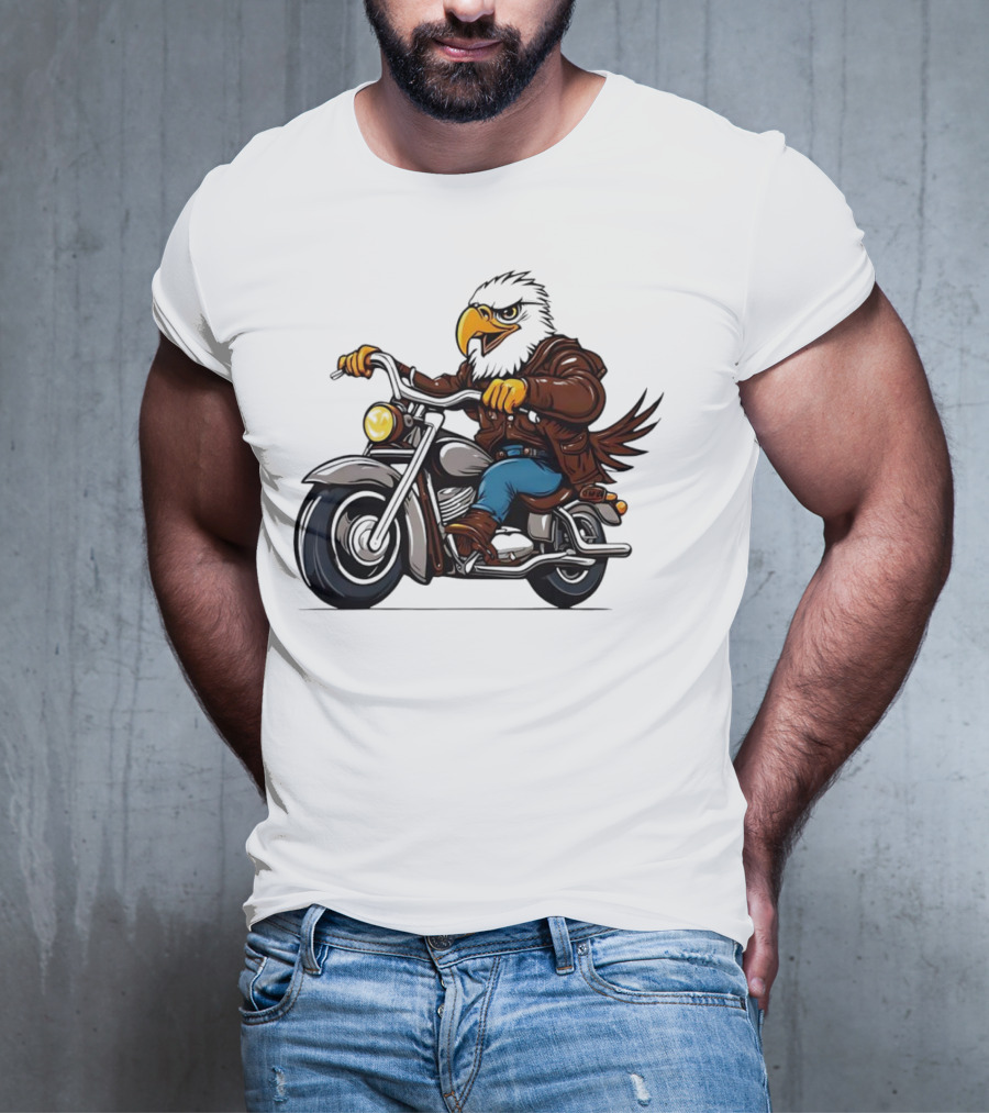 Eagle Riding Motorcycle In Brown Jacket And Blue Jeans T-Shirt