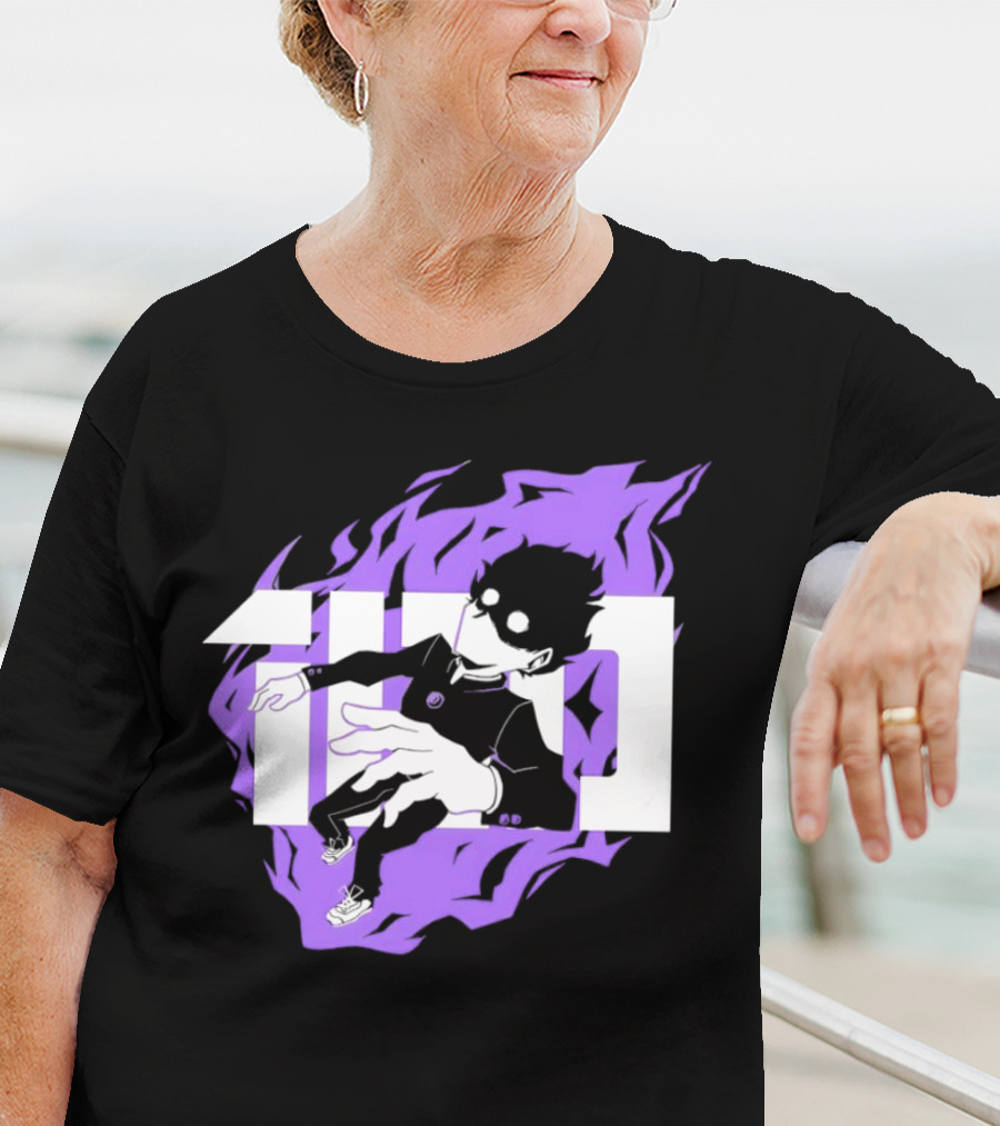 Mob Psycho 100 Psyched Out Character With Purple Aura And Bold Typography T-Shirt