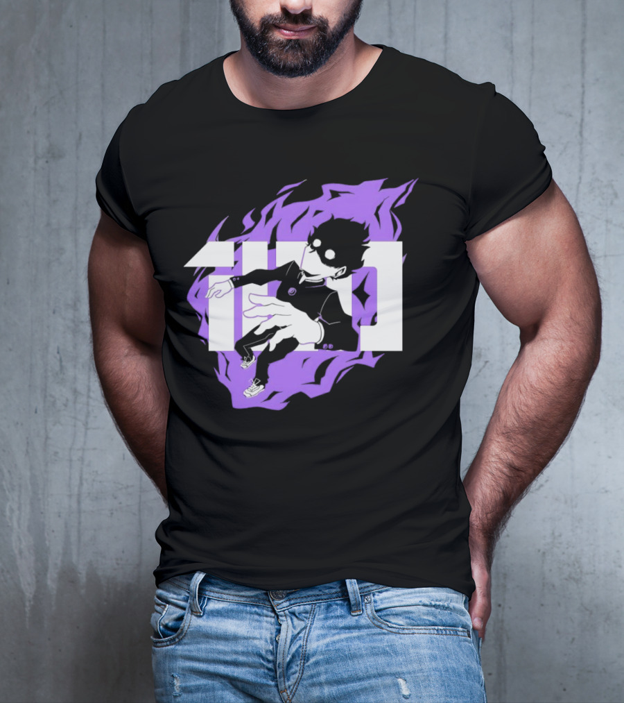 Mob Psycho 100 Psyched Out Character With Purple Aura And Bold Typography T-Shirt