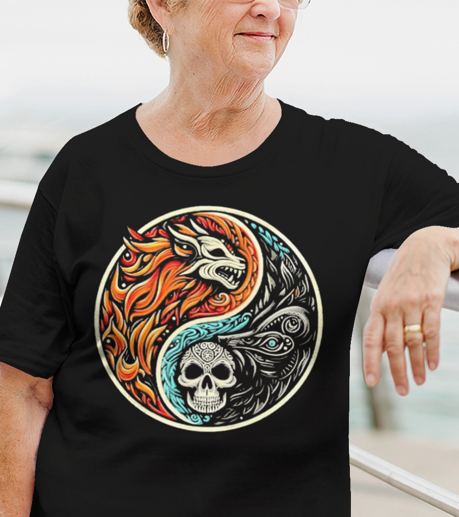 Wolf Warrior Yin Yang Skull Flame Elements T-Shirt