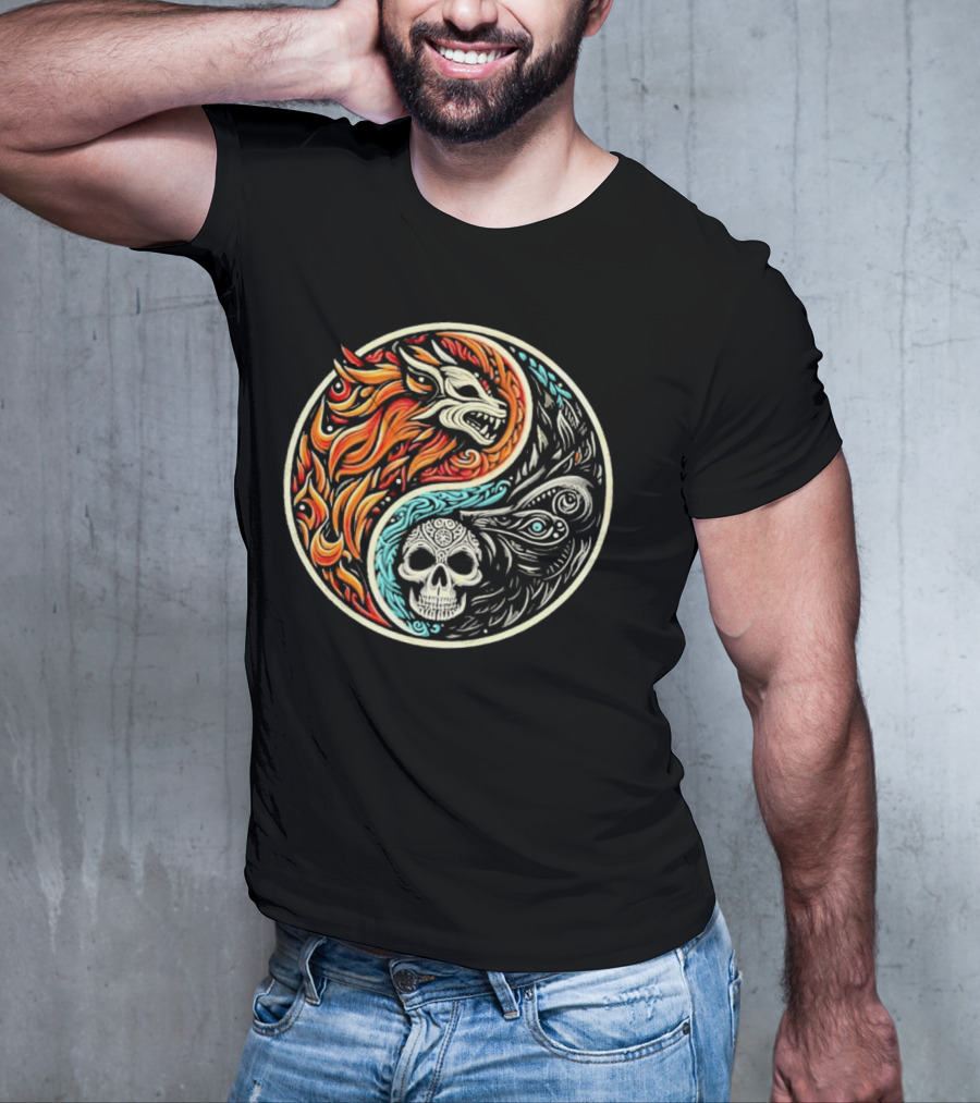 Wolf Warrior Yin Yang Skull Flame Elements T-Shirt