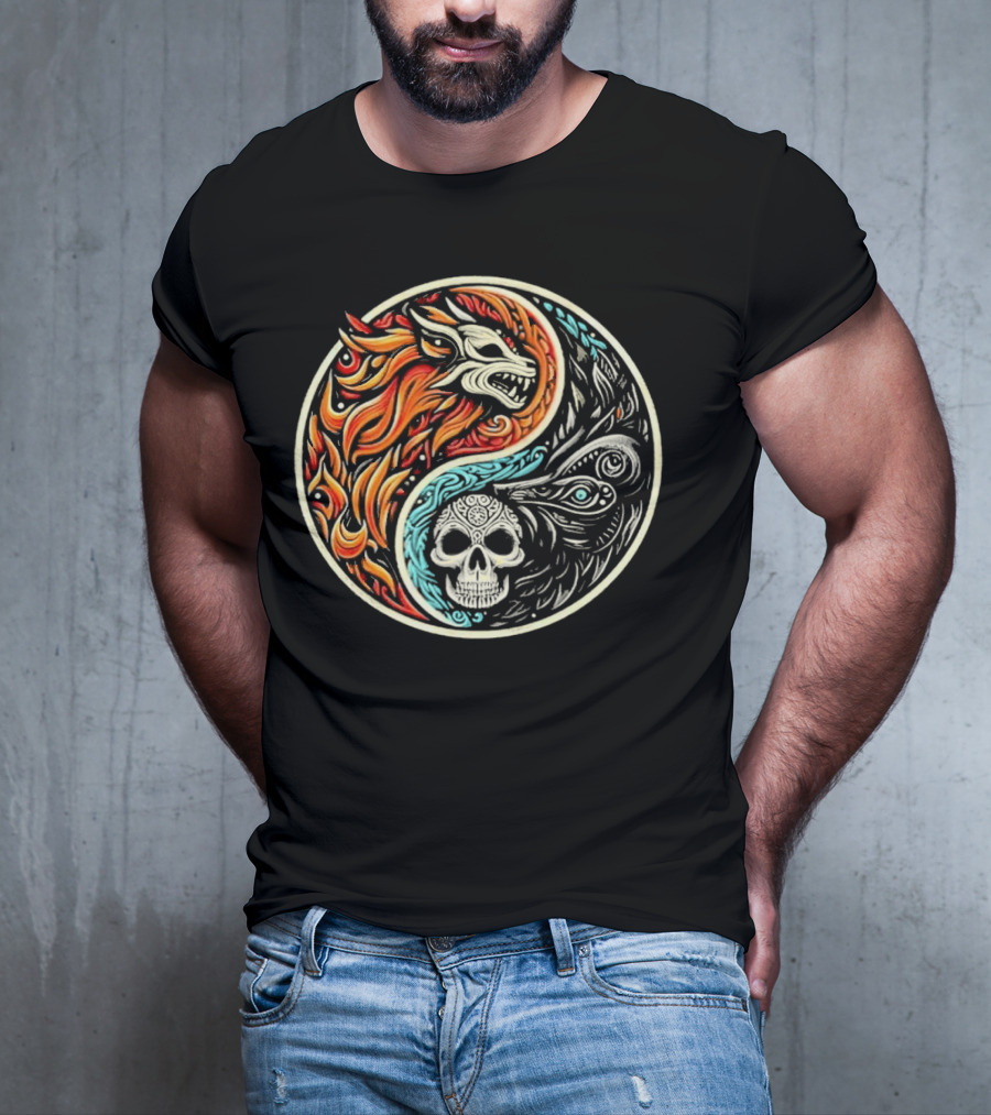 Wolf Warrior Yin Yang Skull Flame Elements T-Shirt