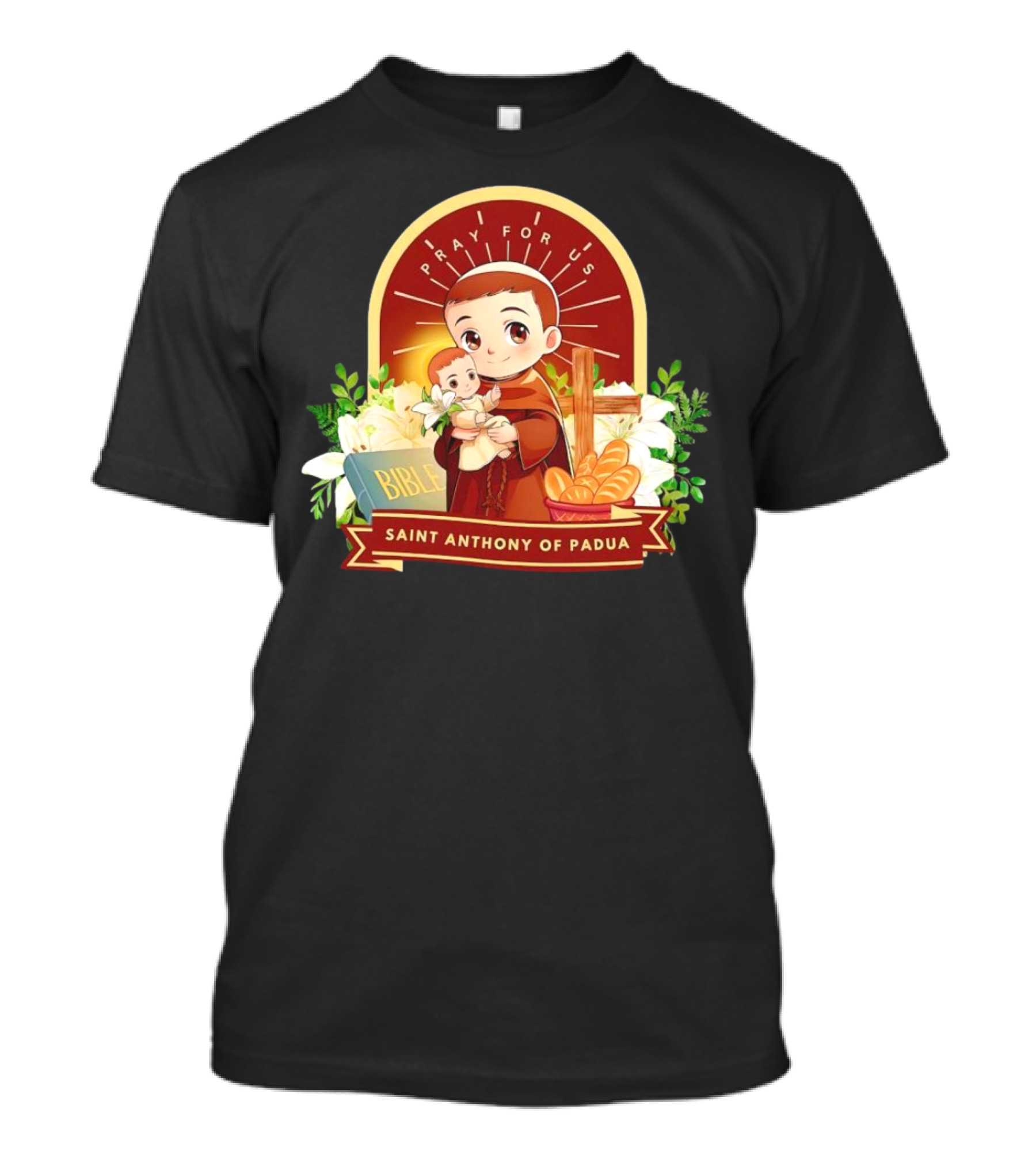 Saint Anthony Of Padua Pray For Us Cartoon With Bible And Bread T-Shirt