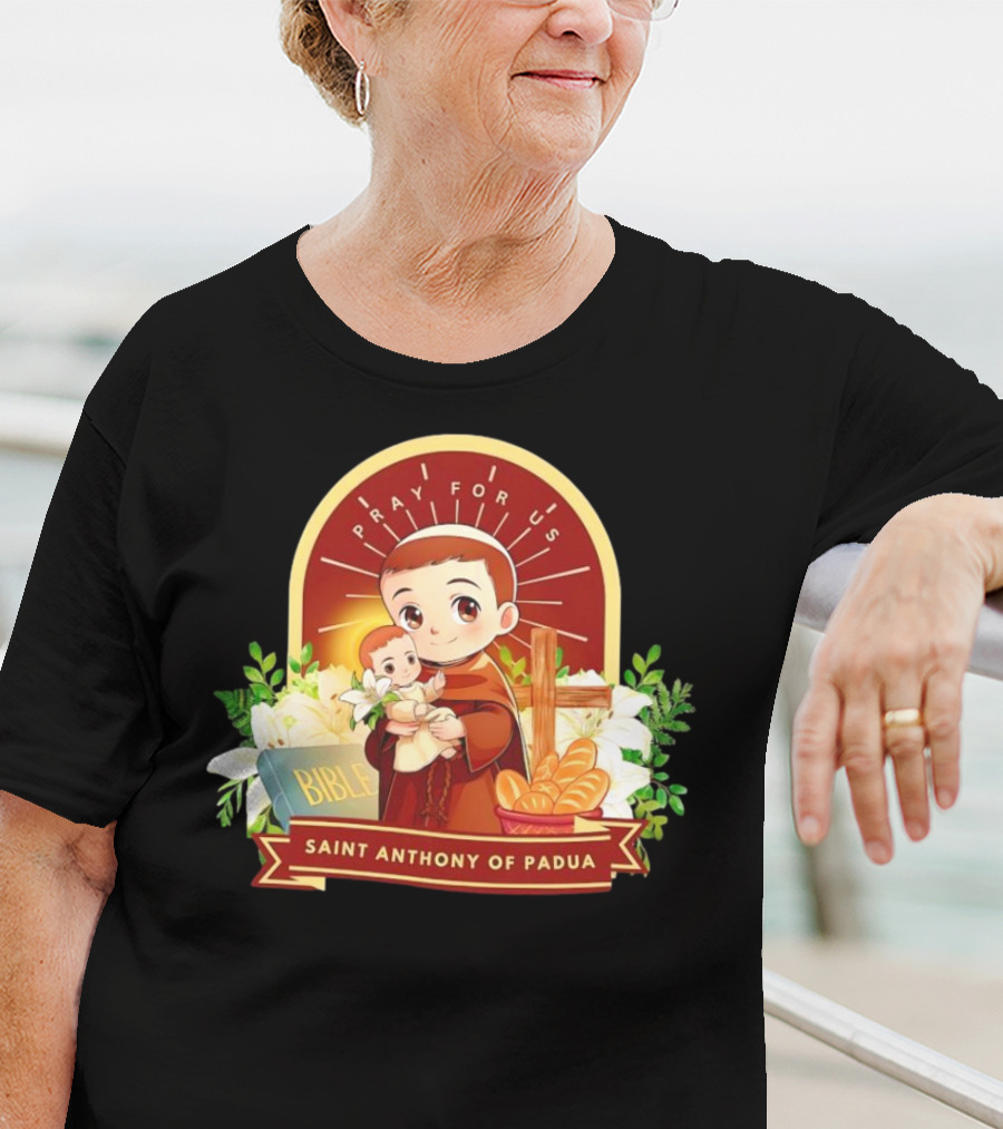 Saint Anthony Of Padua Pray For Us Cartoon With Bible And Bread T-Shirt