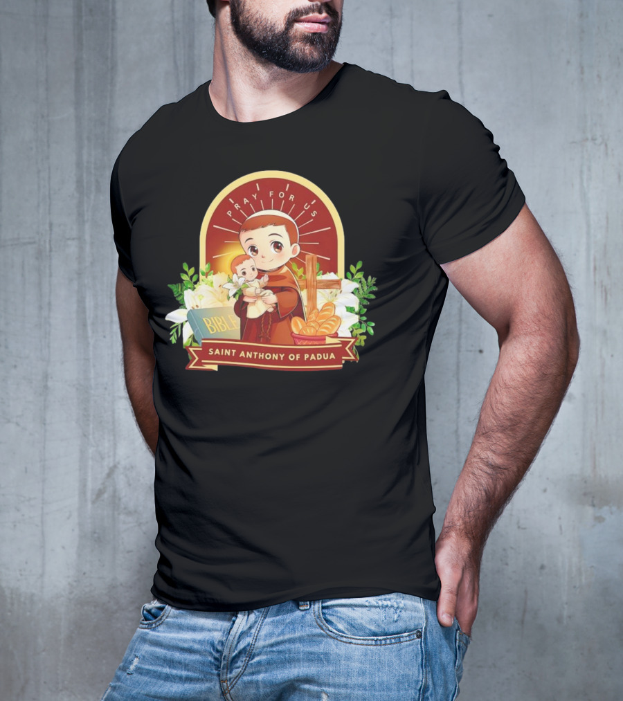 Saint Anthony Of Padua Pray For Us Cartoon With Bible And Bread T-Shirt