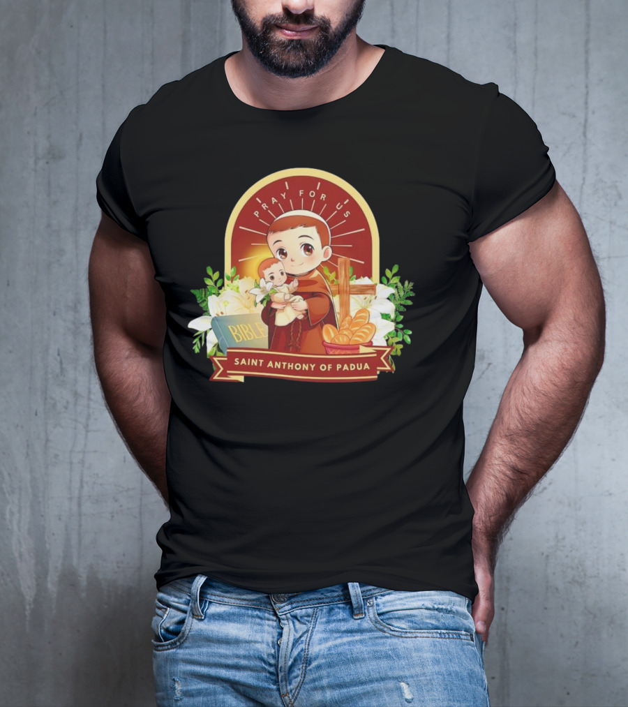 Saint Anthony Of Padua Pray For Us Cartoon With Bible And Bread T-Shirt