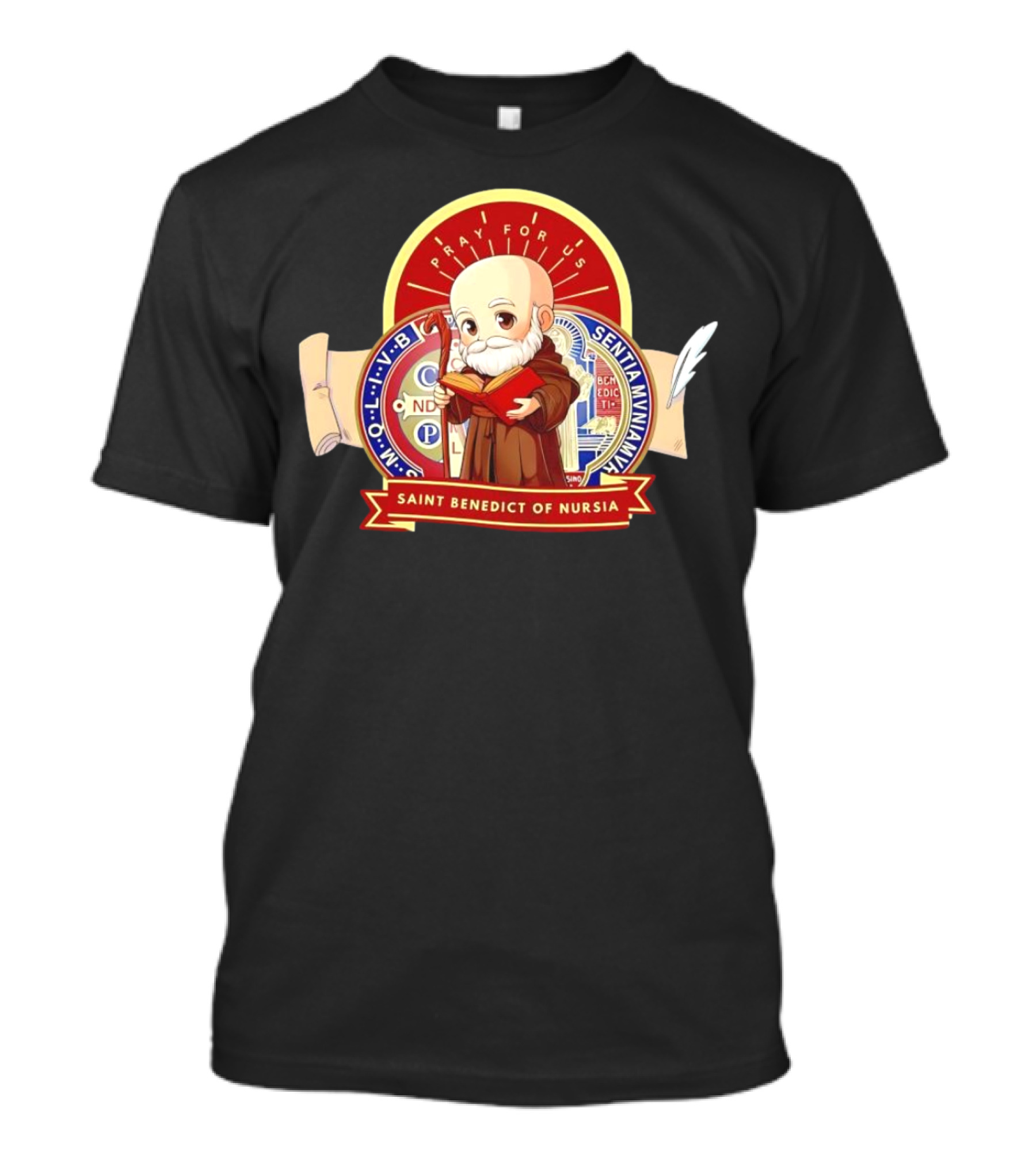 Saint Benedict Of Nursia Pray For Us Cartoon M O L I V B Senitas Munian E I V B Benedict II O S Smqlv X O P S V R S M Q L I V B P A X C S P B T-Shirt