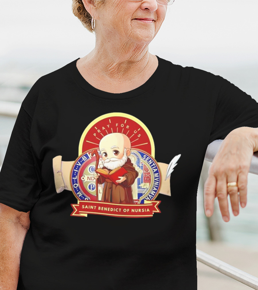 Saint Benedict Of Nursia Pray For Us Cartoon M O L I V B Senitas Munian E I V B Benedict II O S Smqlv X O P S V R S M Q L I V B P A X C S P B T-Shirt