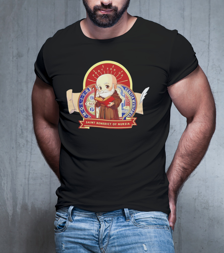 Saint Benedict Of Nursia Pray For Us Cartoon M O L I V B Senitas Munian E I V B Benedict II O S Smqlv X O P S V R S M Q L I V B P A X C S P B T-Shirt