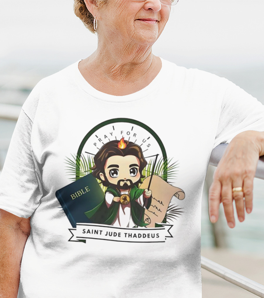 Saint Jude Thaddeus Pray For Us Cartoon Bible Scroll Flame T-Shirt
