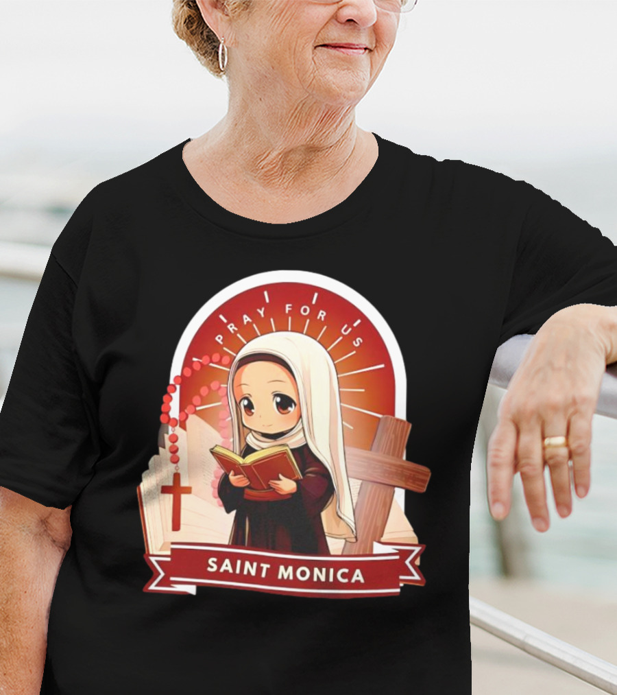 Saint Monica Pray For Us Cartoon Hippo Theme With Book And Cross T-Shirt