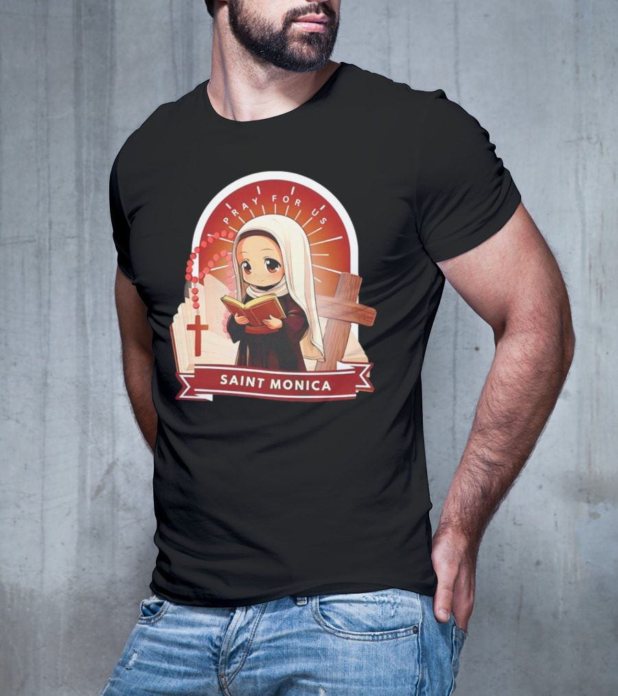 Saint Monica Pray For Us Cartoon Hippo Theme With Book And Cross T-Shirt