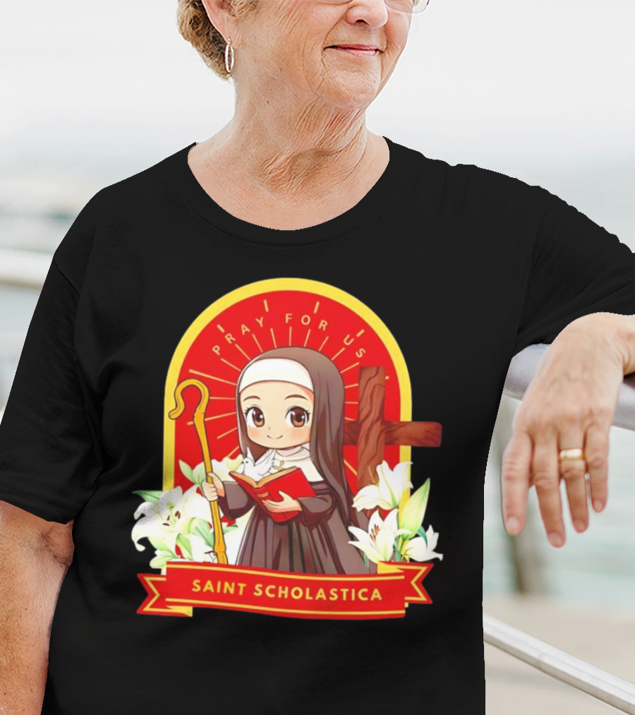 Saint Scholastica Pray For Us Cartoon Cute Nun Illustration With Cross And Flowers T-Shirt