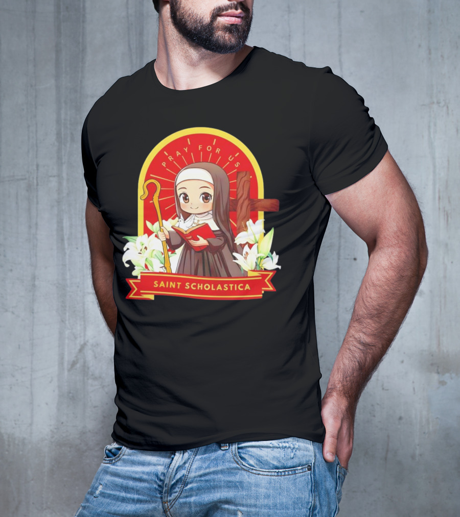 Saint Scholastica Pray For Us Cartoon Cute Nun Illustration With Cross And Flowers T-Shirt