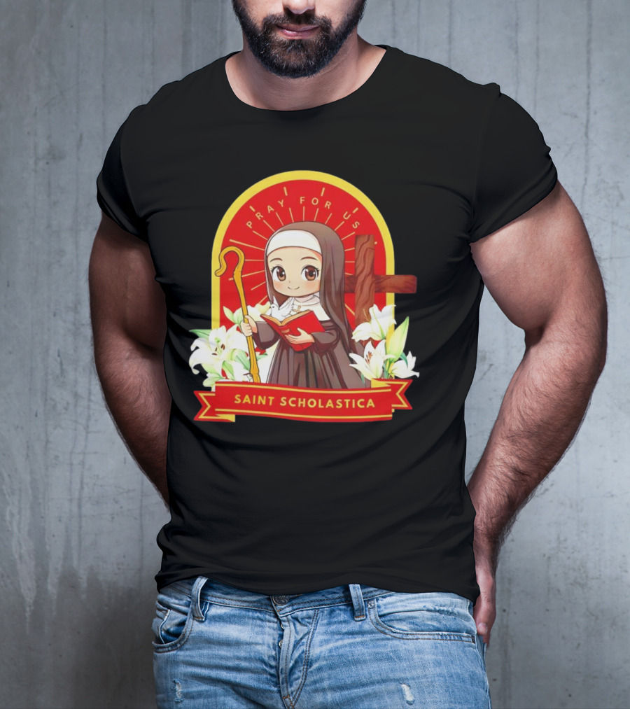 Saint Scholastica Pray For Us Cartoon Cute Nun Illustration With Cross And Flowers T-Shirt