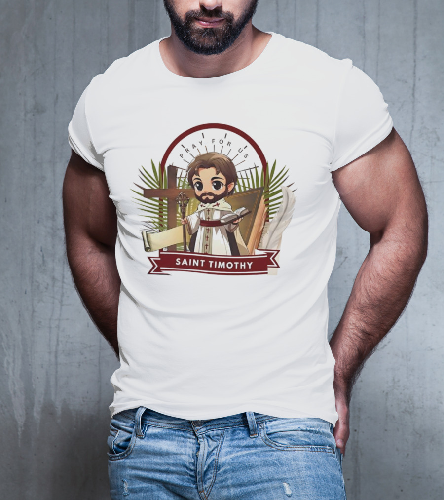 Saint Timothy Pray For Us Cartoon With Cross And Feather Motif T-Shirt