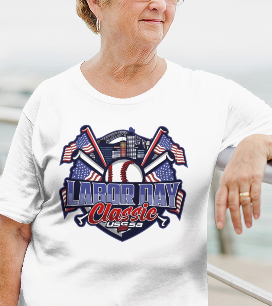 Labor Day Classic USSSA Baseball Crossed Bats And American Flag Themed Shield Logo T-Shirt