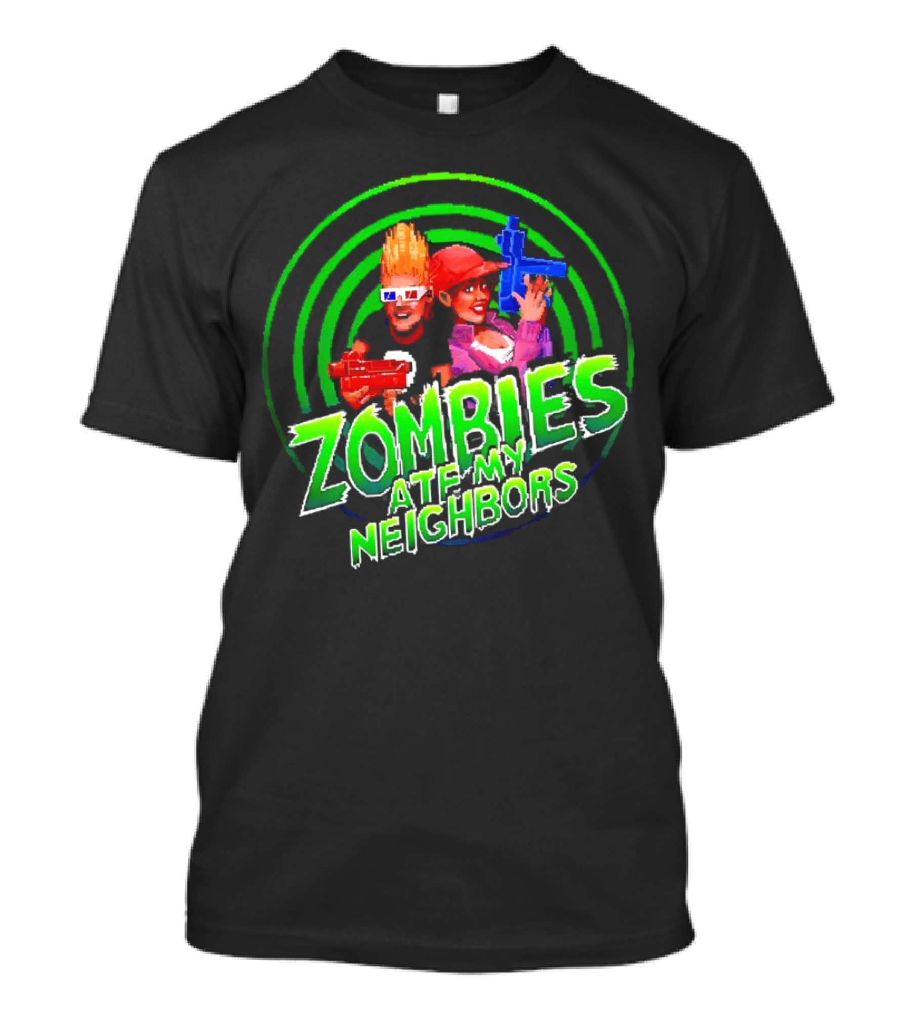 Zombies Ate My Neighbors Zombie Hunters Game Retro Style 90s Arcade Action Kids With Toy Blasters T-Shirt