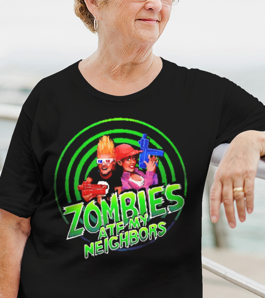 Zombies Ate My Neighbors Zombie Hunters Game Retro Style 90s Arcade Action Kids With Toy Blasters T-Shirt
