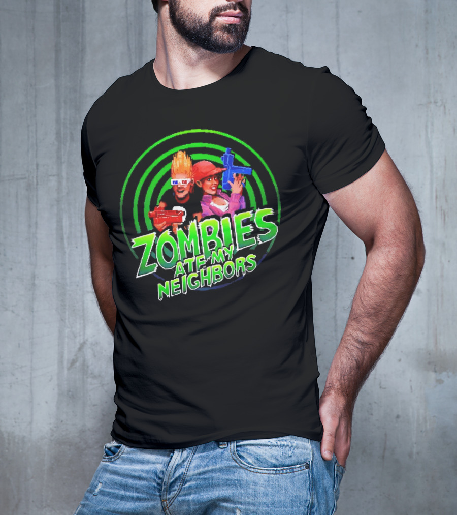 Zombies Ate My Neighbors Zombie Hunters Game Retro Style 90s Arcade Action Kids With Toy Blasters T-Shirt