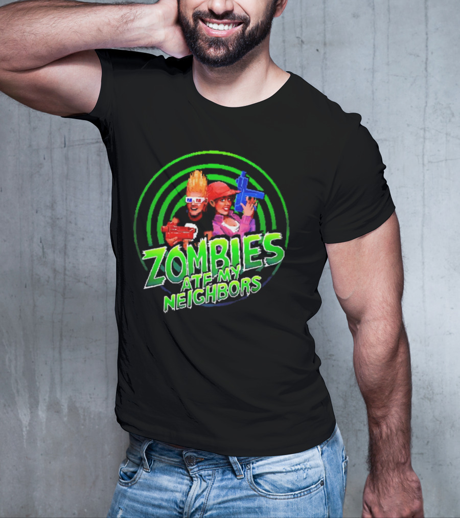 Zombies Ate My Neighbors Zombie Hunters Game Retro Style 90s Arcade Action Kids With Toy Blasters T-Shirt