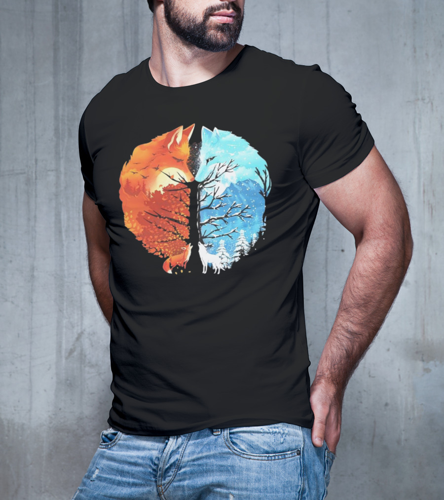 Fire And Ice Fox Dual Seasons Tree T-Shirt