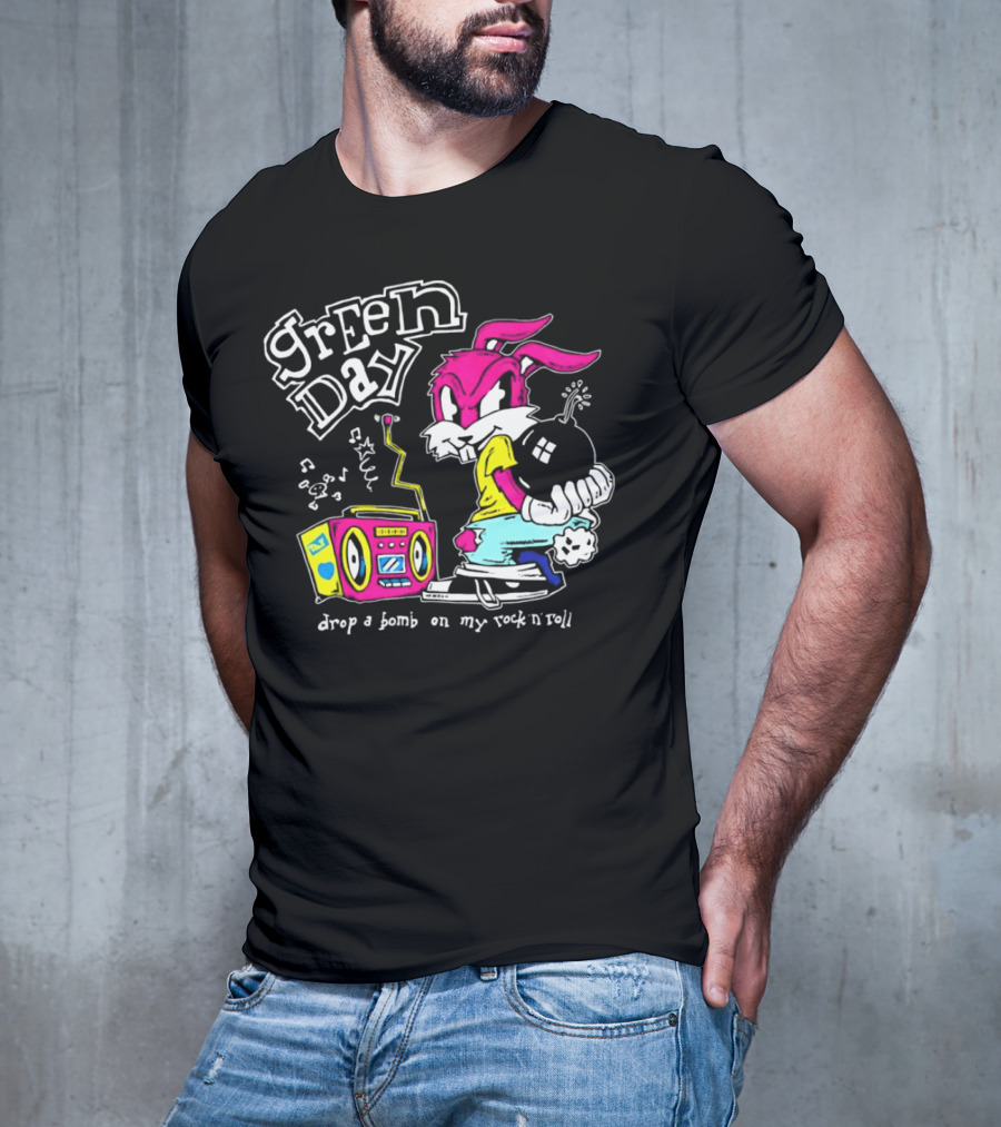 Green Day Drop A Bomb On My Rock ‘N’ Roll Pink Rabbit And Boombox T-Shirt