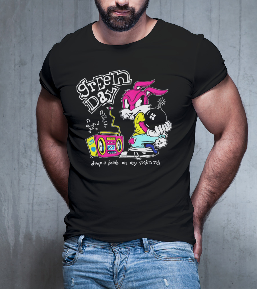 Green Day Drop A Bomb On My Rock ‘N’ Roll Pink Rabbit And Boombox T-Shirt